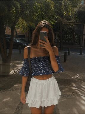 Skylar + Madison Navy Blue Polka Dot Off-Shoulder Smocked Crop Top